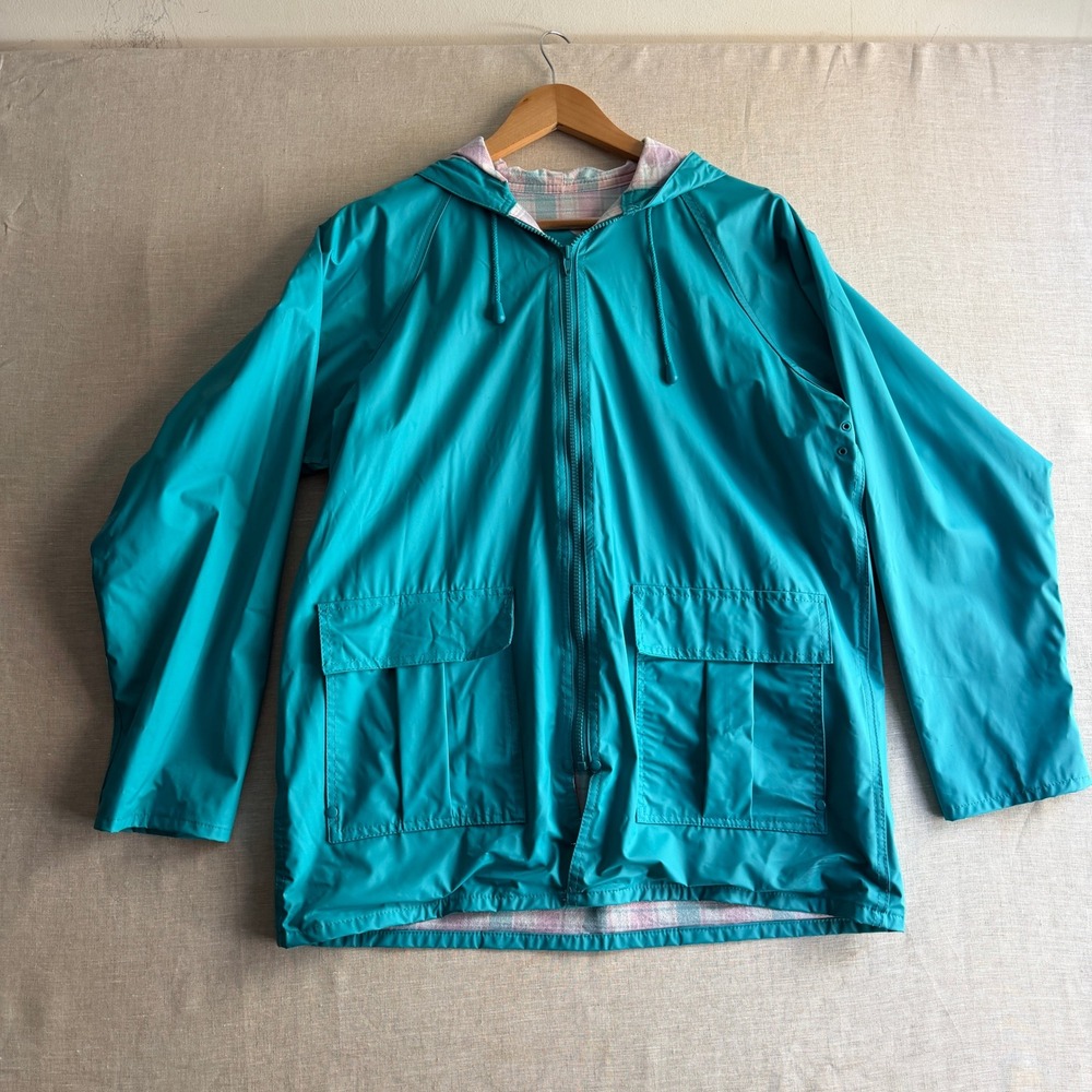 Misty Harbor Hooded Rain Jacket Teal Plaid Lined Vinyl Gorpcore Small